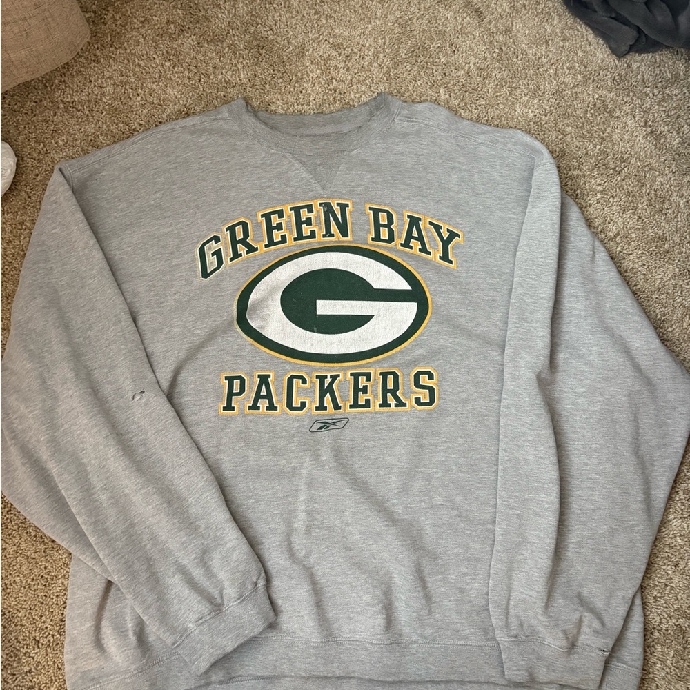Reebok Gray Green Bay Packers Crewneck Sweater